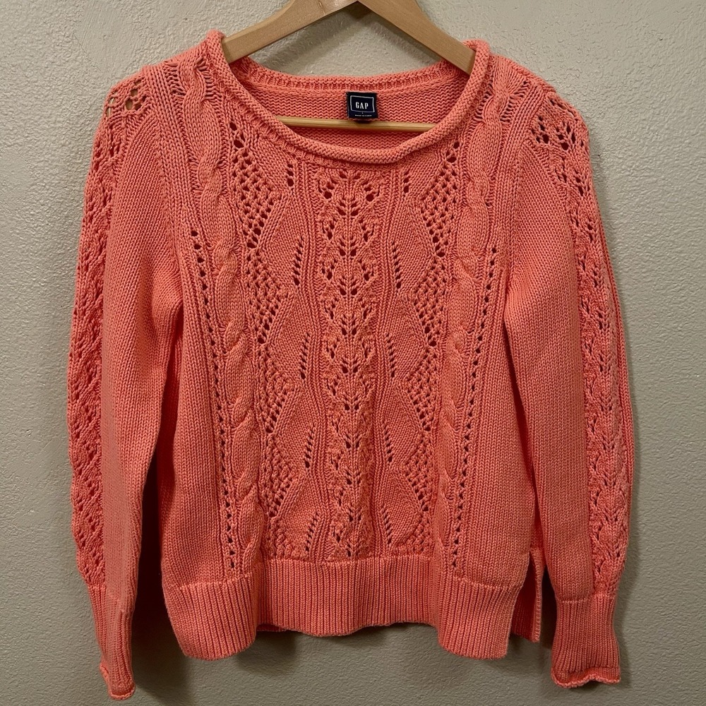 GAP Semi Open Knit Cotton Sweater Coral Summer Dopamine‎ Size L Fitted